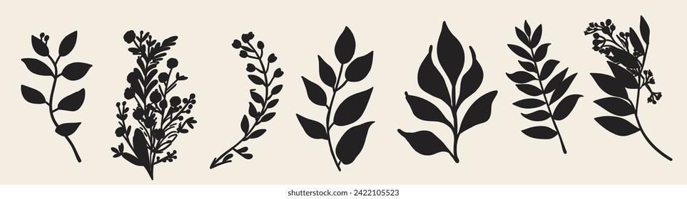 A set of black silhouettes of flowers, plants and leaves on a beige background.