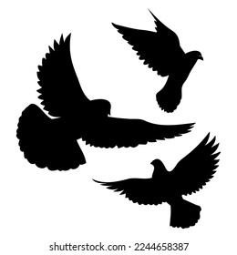 A set of black silhouettes of flying, taking off doves, a symbol of peace and the holiday of the world day of peace, an element for the design of fabric, testille, wallpapers, cards and patterns