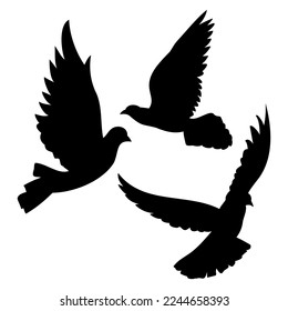 A set of black silhouettes of flying, taking off doves, a symbol of peace and the holiday of the world day of peace, an element for the design of fabric, testille, wallpapers, cards and patterns