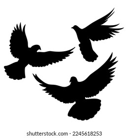 Eine Reihe von schwarzen Silhouetten des Fliegens, Abheben von Tauben, ein Symbol der Ruhe und der Feiertag des Weltfriedens, ein Element für die Gestaltung von Stoff, Testille, Tapeten, Karten und Muster