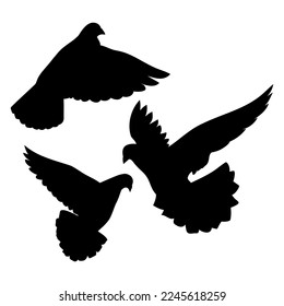 A set of black silhouettes of flying, taking off doves, a symbol of peace and the holiday of the world day of peace, an element for the design of fabric, testille, wallpapers, cards and patterns