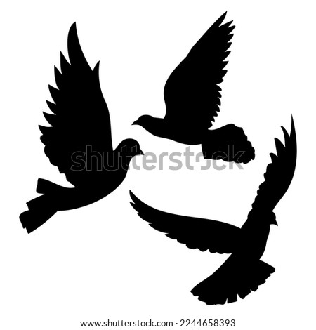 A set of black silhouettes of flying, taking off doves, a symbol of peace and the holiday of the world day of peace, an element for the design of fabric, testille, wallpapers, cards and patterns