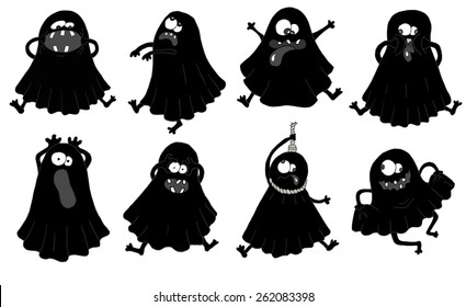 Set with black silhouettes of funny ghosts making silly faces on white