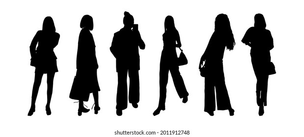 A set of black silhouettes of girls of models in business clothes for printing on T-shirts, mugs, bags, decoration and design. Vector illustration.