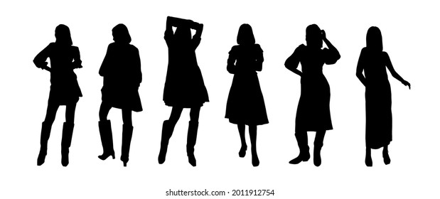 A set of black silhouettes of girls of models in dresses for printing on T-shirts, mugs, bags, decoration and design. Vector illustration.