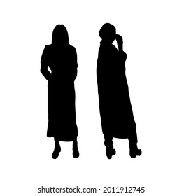 Set of black silhouettes of girls in trench coats for printing on T-shirts, mugs, bags, decor and design. Vector illustration.