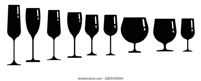 Um conjunto de silhuetas pretas de óculos de diferentes formas. Isolamento de clip-art vetorial no branco. Simples ilustração minimalista.
