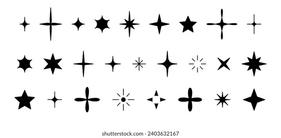 Set with black silhouettes glitter, stars and sequins. Doodle glitter isolated on white background.