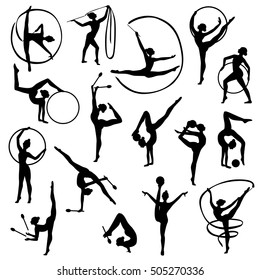 Set Of Black Silhouettes Of Gymnast Female Figures With Balls And Tapes On White Background Isolated Vector Illustration 