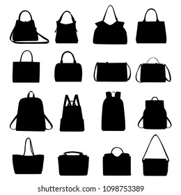 Set of black silhouettes of handbags, vector. Simple set of handbag for web design isolated on white background.