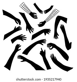  Set of black silhouettes of hands in different gestures drawn in freehand doodle style isolated on white background. Perfect for design of kids playroom, textiles, packaging.
