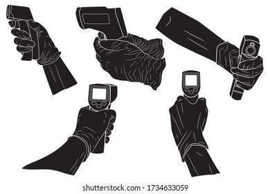 A set of black silhouettes of hands in medical gloves in different poses holds a thermometer to measure body temperature at a distance during the Covid-19 flash. Coronavirus pandemic prevention.