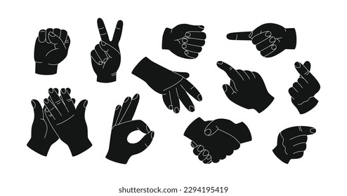 Set of black silhouettes hands of various gestures. Victory, handshake, fist, applause, sign okay and index finger up. Hand drawn vector illustration isolated on white background. Flat cartoon style.