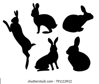 set black silhouettes of hares in different poses. Rabbit Set, Isolated On White Background