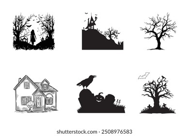 Set of Black silhouettes of haunted houses with bats, Halloween design.