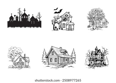 Set of Black silhouettes of haunted houses with bats, Halloween design