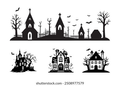 Set of Black silhouettes of haunted houses with bats, Halloween design.