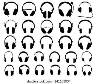 Set of black silhouettes of headphones, vector