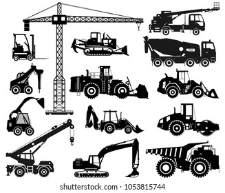 Set of black silhouettes heavy construction and mining machines in flat style on the white background. Building machinery. Special equipment. Vector illustration