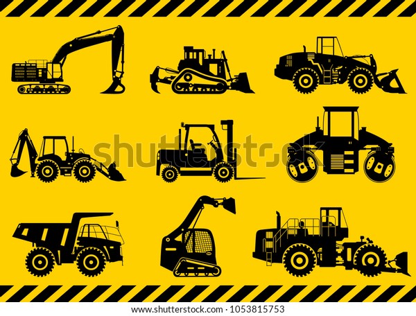 Set of black silhouettes\
heavy construction and mining machines in flat style on the yellow\
background. Building machinery. Special equipment. Vector\
illustration.