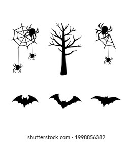 Set of black silhouettes for the holiday halloween. Spider web, tree, bats. Festive decorations for an autumn October day.