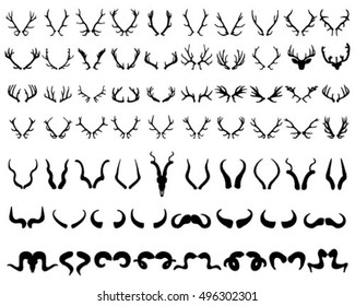 Set of black silhouettes of horns, vector 