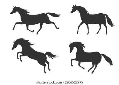 Conjunto de siluetas negras de caballos. Corriendo caballo. Diferentes tipos de salidas de caballos. Ilustración del vector