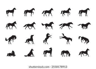 Set of black silhouettes of horses of various styles, Silhouettes of horses, Vector silhouettes of horses