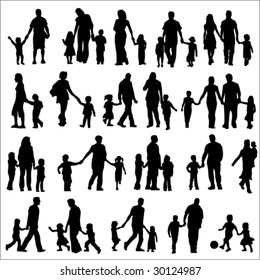 Set Of Black Silhouettes Illustration Of Parents With Children