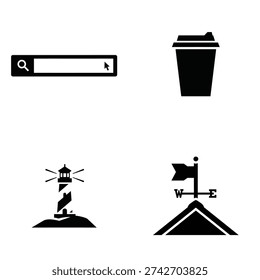 A set of black silhouettes including a search bar, coffee cup, lighthouse, and weather vane on a white background silhouette