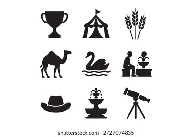 a set of black silhouettes including a trophy and various objects