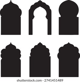 Set of black silhouettes of Islamic arches and Arabic window frames. Traditional Mughal, Moroccan, and Oriental architectural shapes isolated on white for Ramadan, Eid, and wedding designs.