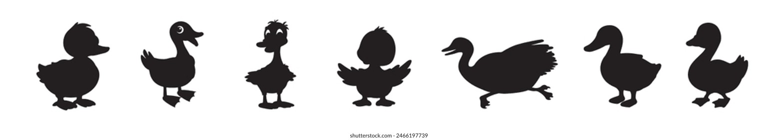 A set of black silhouettes isolated of ducks. Ducks vector illustration. Ducks art work.