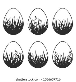 Set of black silhouettes isolated Easter eggs on a white background. With an abstract pattern. Simple flat vector illustration. Suitable for decoration of postcards, advertising, magazines, websites.