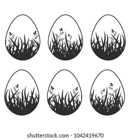 Set of black silhouettes isolated Easter eggs on a white background. With an abstract pattern. Simple flat vector illustration. Suitable for decoration of postcards, advertising, magazines, websites.