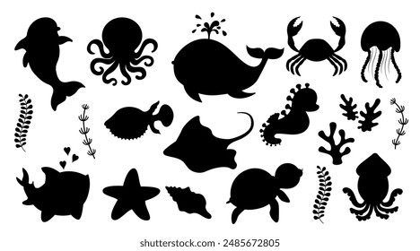 Set of black silhouettes of isolated marine animals. Sea life, ocean design elements for print, poster, postcard. Isolated backgrounds