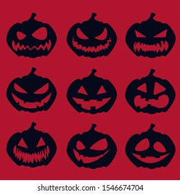 Set of black silhouettes of a Jack-O'-Lantern on a red background. Halloween vector illustration.