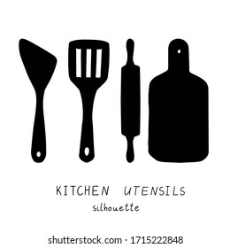 Set of black silhouettes of kitchen utensils for design. Icons, logo for the site. Illustration of a wooden spoon, whisk, spatula, kitchen board, rolling pin.