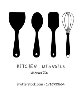 Set of black silhouettes of kitchen utensils for design. Icons, logo for the site. Illustration of a wooden spoon, whisk, spatula.