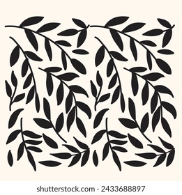 Set of black silhouettes leaves and branches with illustration style doodle and line art