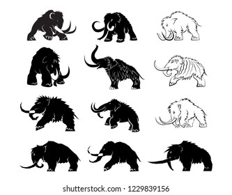 Set of black silhouettes of mammoths on a white background. Prehistoric animals of the ice age in various poses. Elements of nature and evolutionary development. Vector illustration
