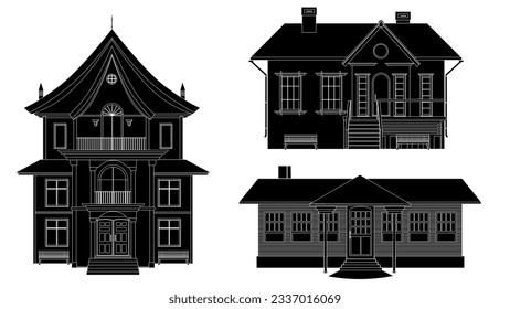 Set of black silhouettes of mansion and private houses isolated on white background. One-story houses and with several floors. Clipart.