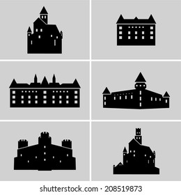 Set of black silhouettes of medieval castles.