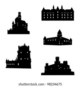 Set of black silhouettes of medieval castles.