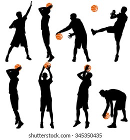 Set black silhouettes of men playing basketball on a white background. Vector illustration.