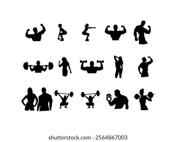 Set of black silhouettes of men and woman doing fitness workout. Fitness Workout Silhouettes | Men and Women Black Silhouette Vector Set