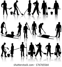 Set of black silhouettes of men and women with shovels and buckets. Vector illustration.