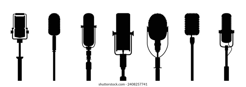 Set of black silhouettes of microphones. Vector microphones on a white background. Classic instruments symbols for store, conversation genre, podcast or music app.