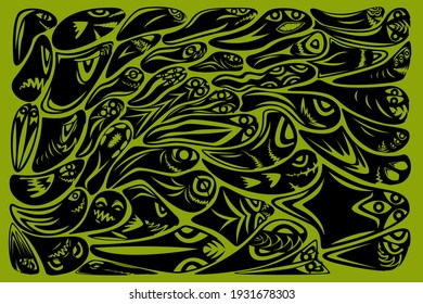A set of black silhouettes of monsters on a green background, an illustration for wallpaper on the wall and other purposes. Vector illustration.