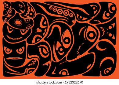 A set of black silhouettes of monsters on an orange background, an illustration for wallpaper on the wall and other purposes. Vector illustration.